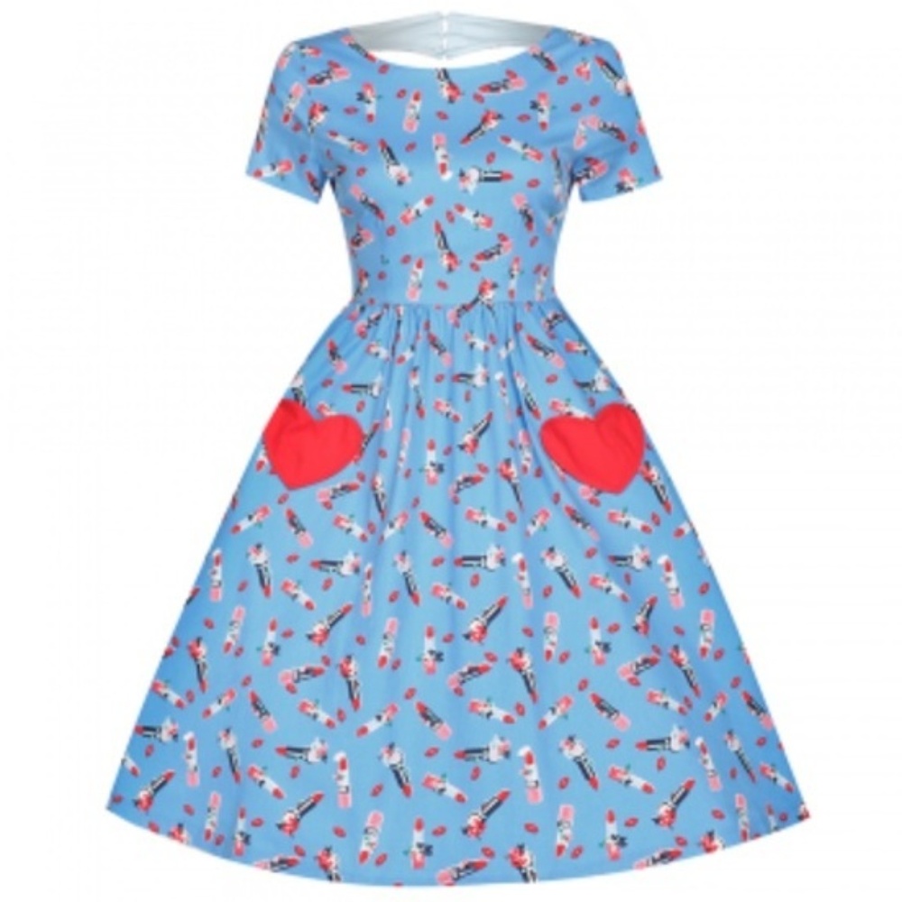 Lindy Bop Blue and Red Heart Midi Dress